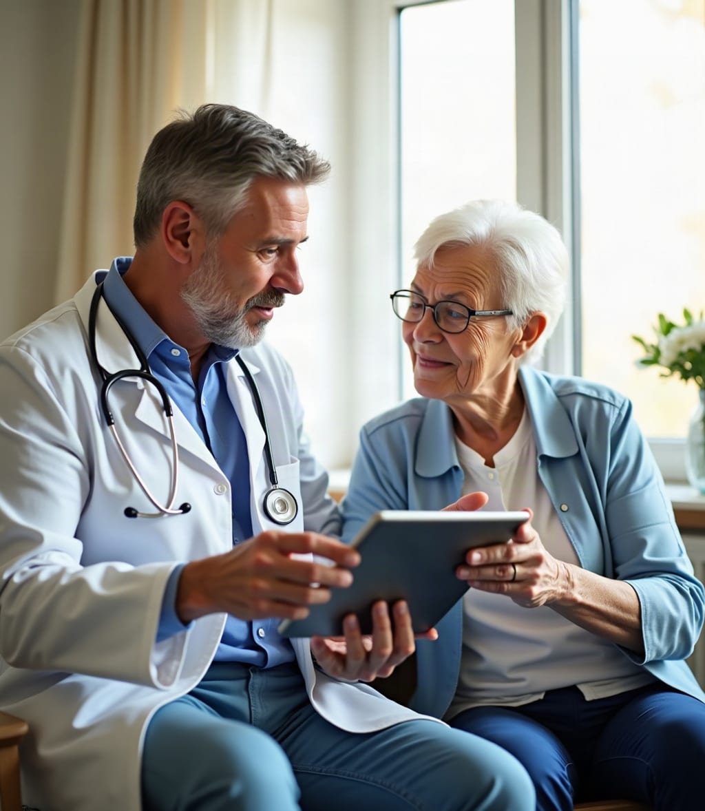 A clinician and a patient looking together at test results on a tablet