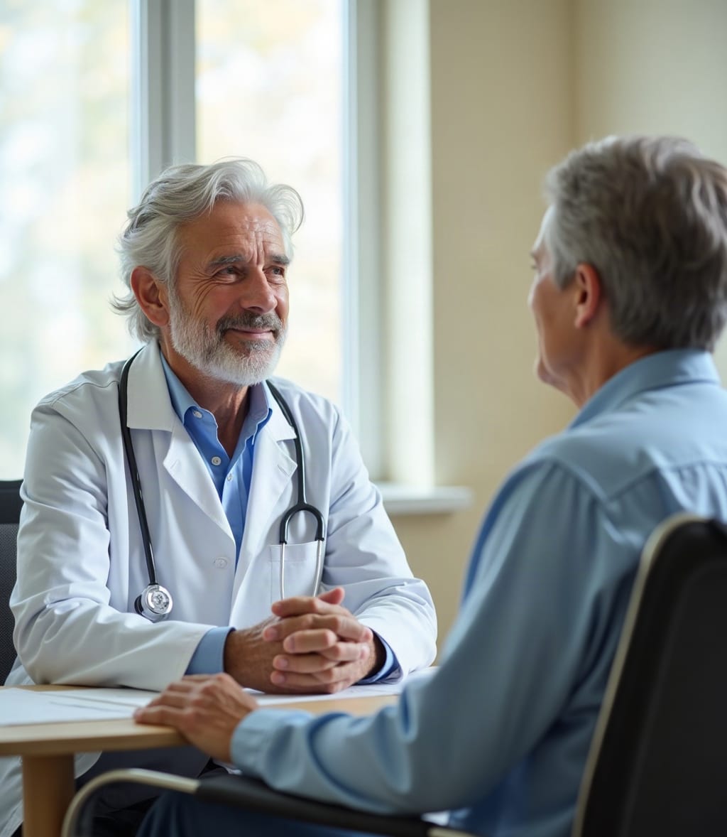 A neurologist listening to an older adult patient during a consultation