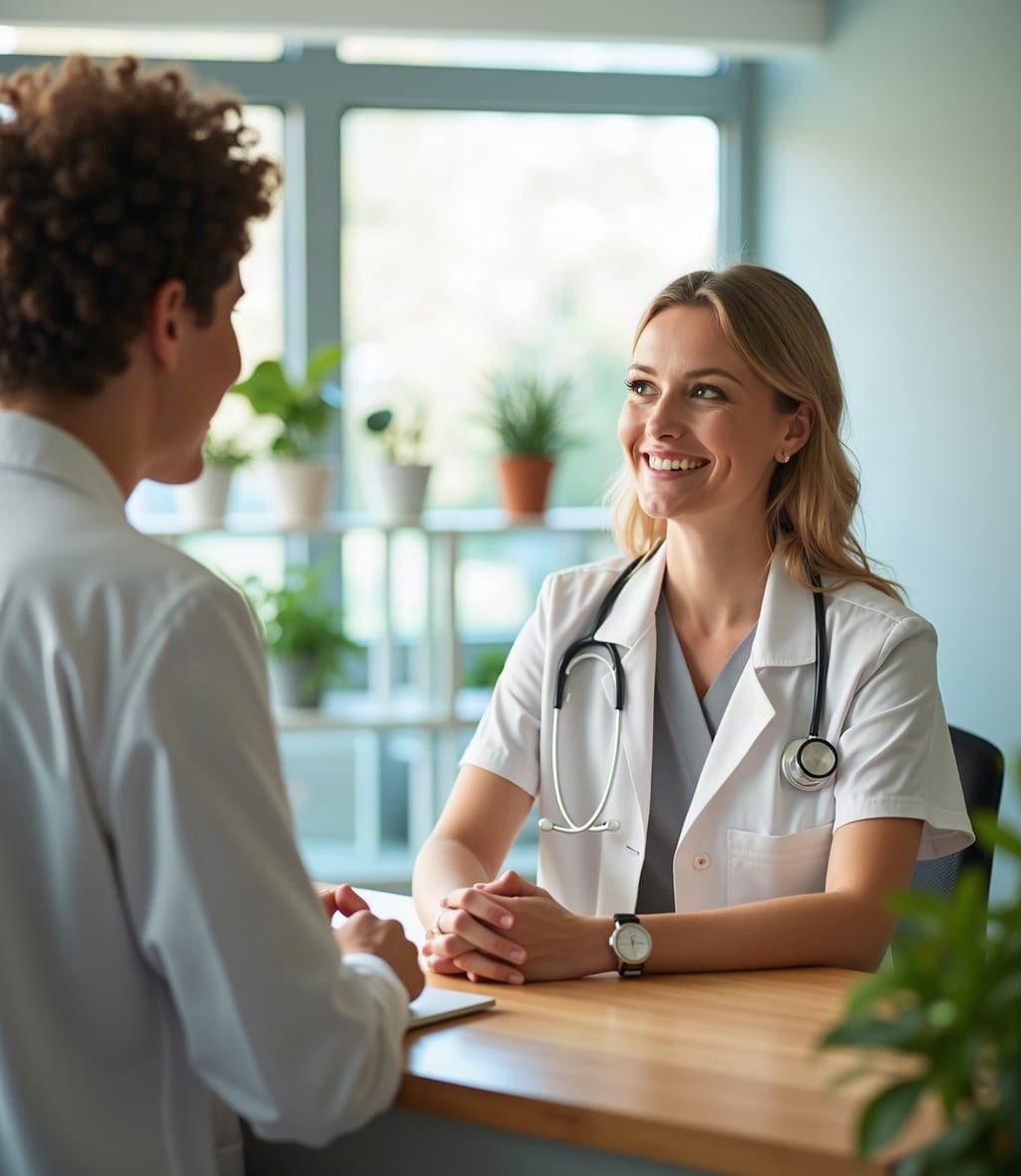 A patient being welcomed at a clinic front desk